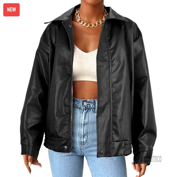 Oversized Faux Leather Motorcycle Bomber Jacket Y2K Fashion Trendy Coat